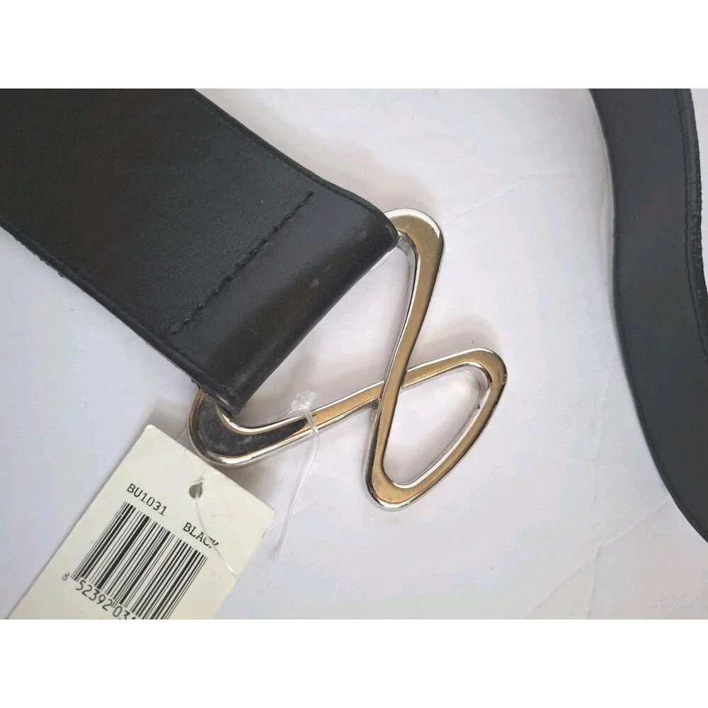Vtg Avignon Leather Wide Statement Belt Large Black Silver Buckle USA Made Y2K